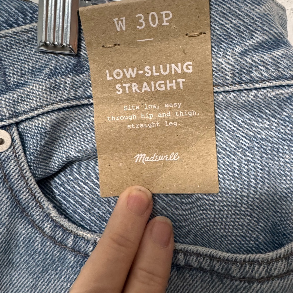 Madewell Low-Slung Straight Jeans in Seville Blue with crossover button closure